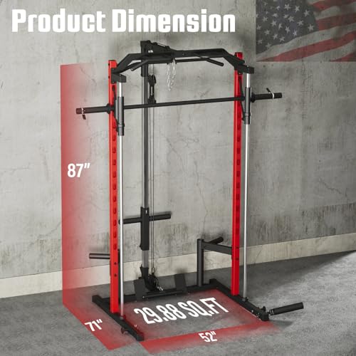 OPPSDECOR Power Cage, Multi-Function Power Rack with Adjustable Cable Pulley System, Squat Rack with Pull-up Bar, J-Hooks