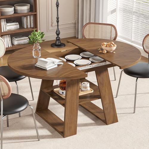 43.3in-59in Extendable Round Dining Table for 4-8,Modern Kitchen Oval Dining Table with Removable Leaves Space Saving
