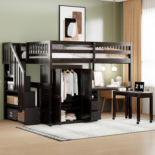 Harper & Bright Designs Twin Size Loft Bed with Stairs and Bookshelf, Wood Twin Storage Bed with Desk & Wardrobe