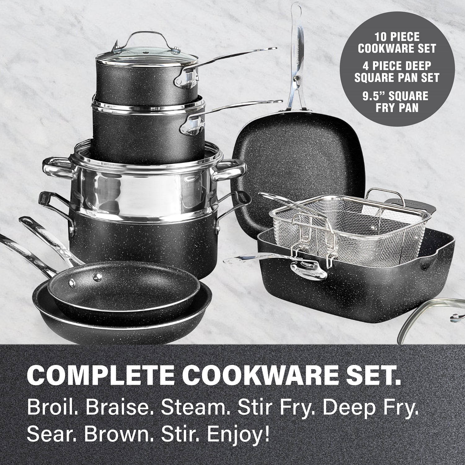 Granitestone Pots and Pans Set, 20 Piece Complete Cookware + Bakeware Set with Ultra Nonstick 100% PFOA Free–Includes Frying Pans, Saucepans