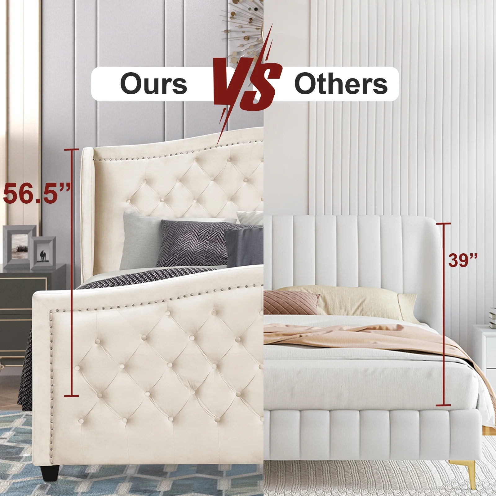 Nathaniel Home Jennifer King Beds, Velvet Upholstered Tufted Bed, Platform Bed Frame with Diamond, Low Profile Platform Beds Strong Wooden Slats White
