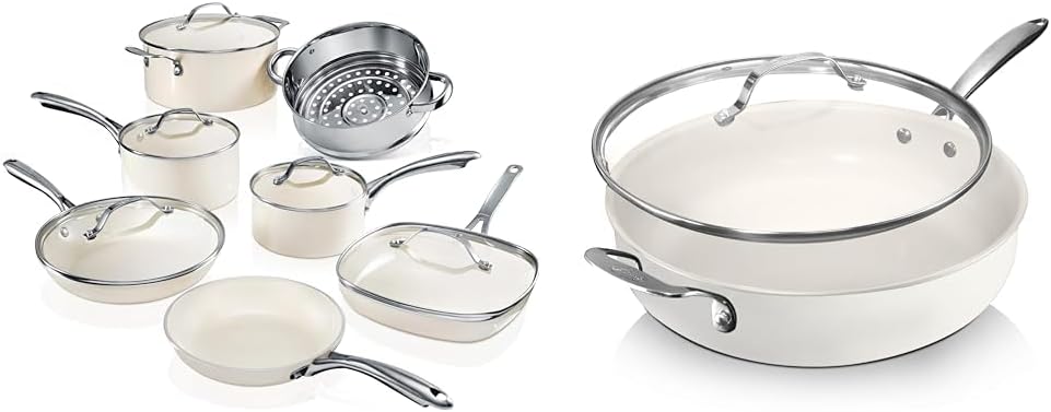 Gotham Steel 12 Pc Ceramic Pots and Pans Set with 5.5 Qt Saute Pan - Non Stick Kitchen Cookware Sets, Pot and Pan Set, Ceramic Cookware Set