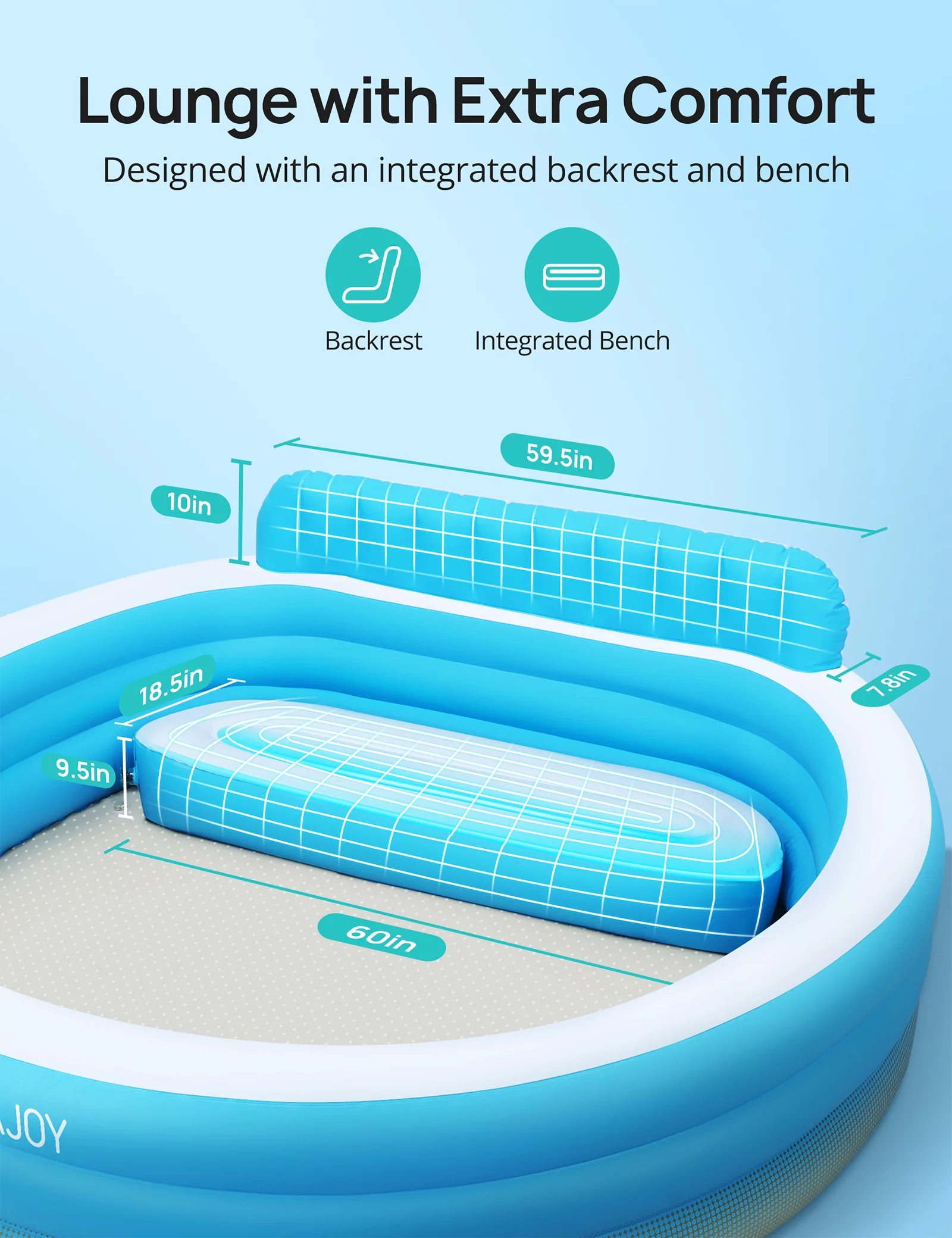 Evajoy Inflatable Pool, Family Lounge Swimming Pool with Seat for Kids Aldult, Round, 7.33 x 7.11 x 2.5 ft
