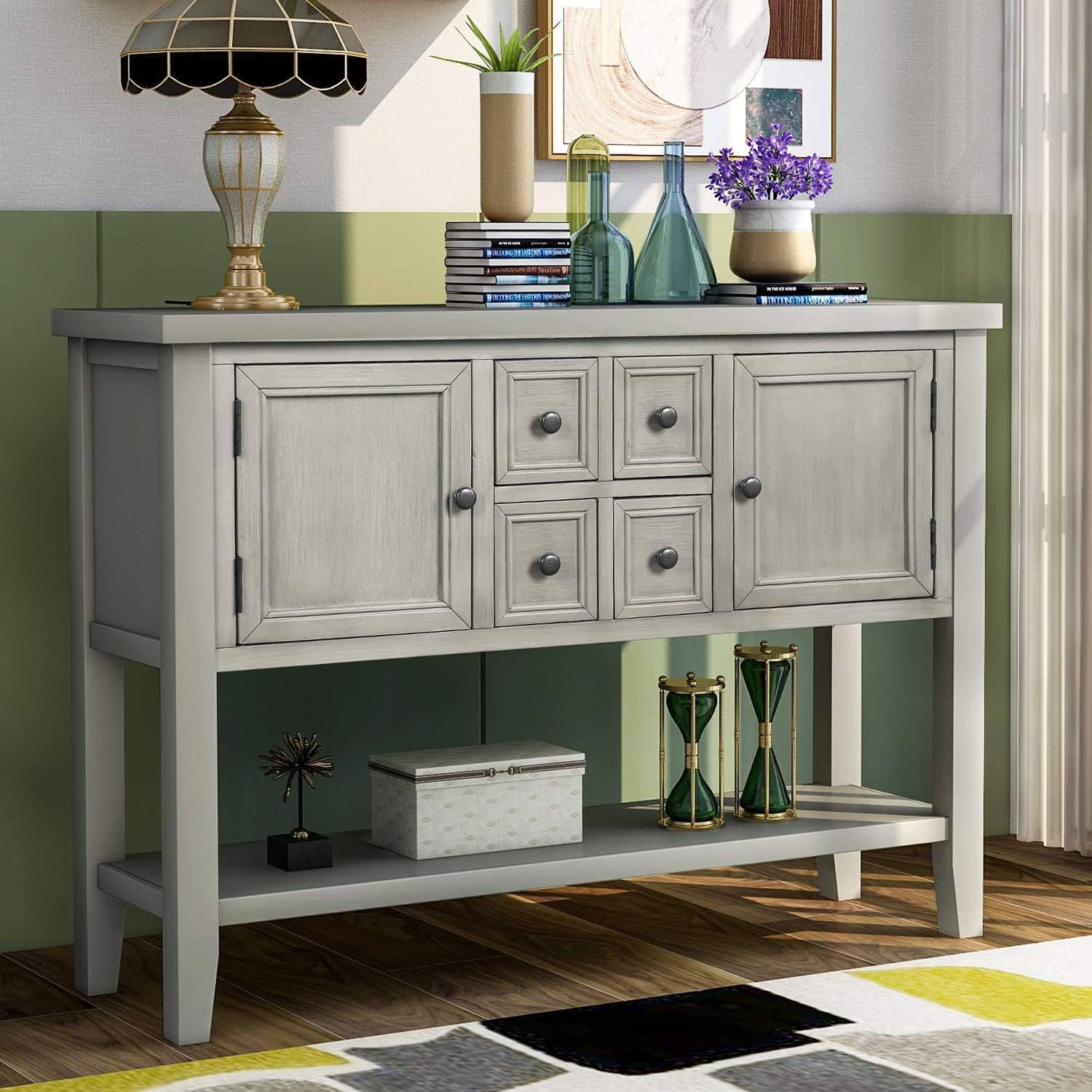 Farmhouse Vintage Console Table Sofa Table with 4 Drawers and Bottom Shelf