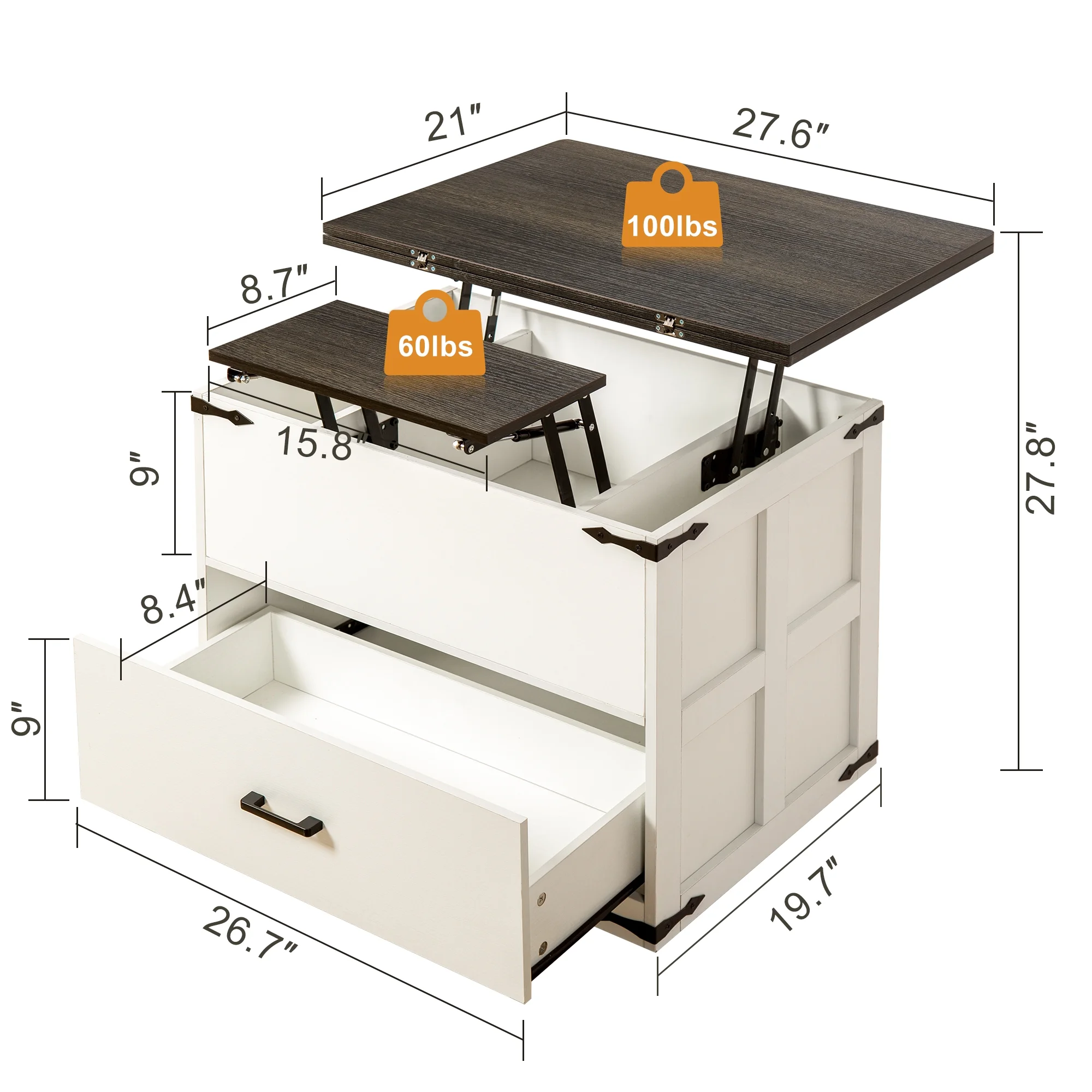 GUNAITO Lift Top Coffee Table with Storage Farmhouse Wood 4 in 1 Multi-Function Convertible Modern Dining Table for Living Room White