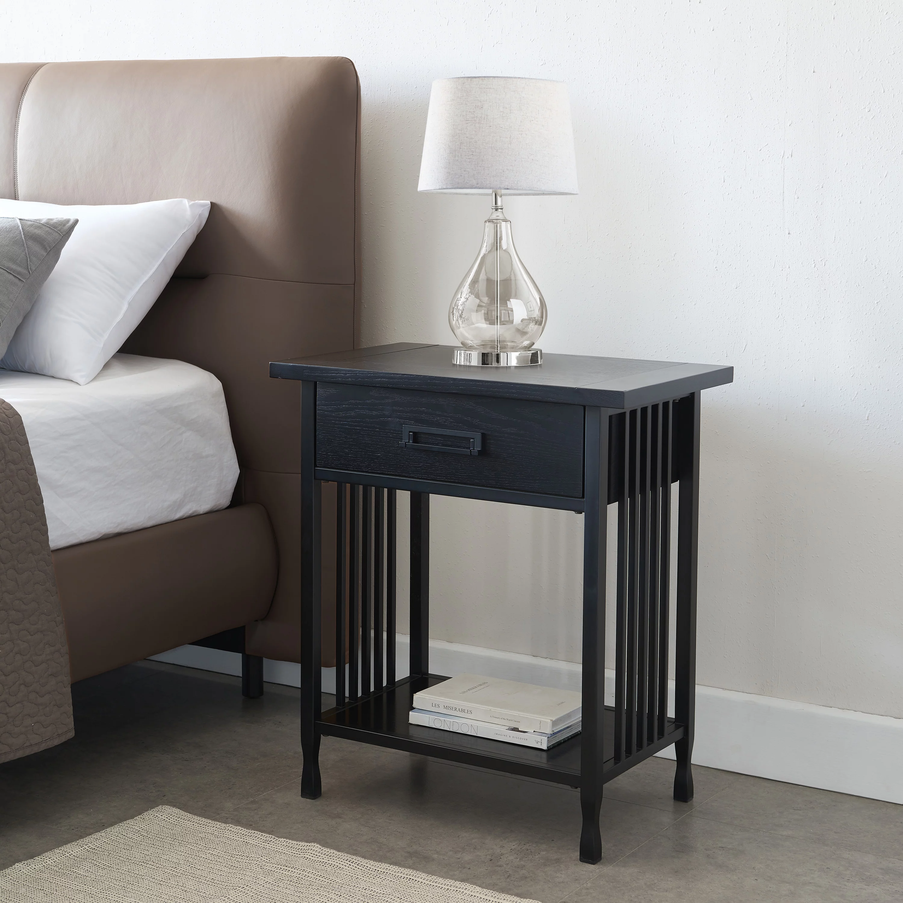 Leick Home 11222-BK Ironcraft Rustic One Drawer Nightstand Side Table, Black Wash