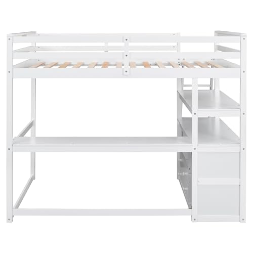 Full Size Loft Bed with Desk & Wardrobe, Solid Wood Kids Loft Bedframe w/3 Storage Drawers & 2 Shelves, Maximum Space Design, for Bedroom, Dorm, Gray