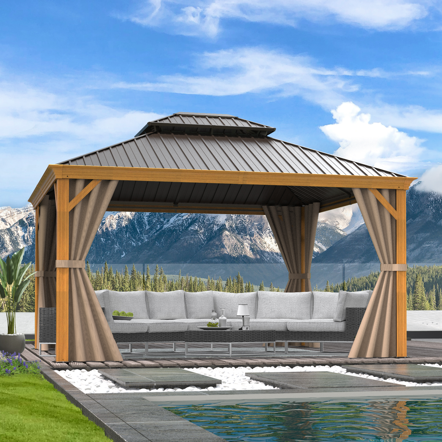 Domi 12'x14' Outdoor Hardtop Gazebo Aluminum Permanent Canopy with Galvanized Steel Roof Curtains and Netting for Patios Backyard Lawns Garden