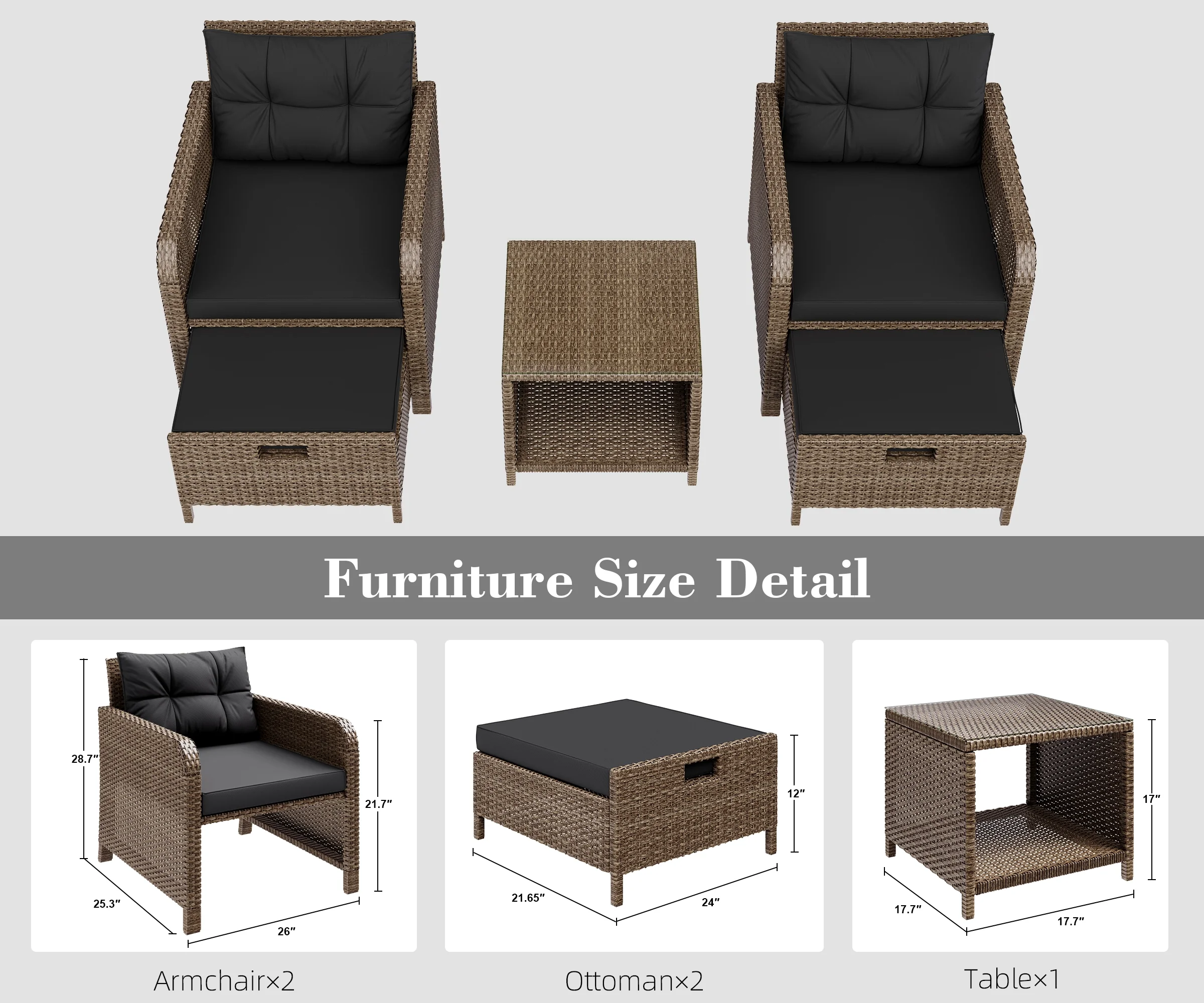 LHBcraft Balcony Furniture 5 Piece Patio Conversation Set, PE Wicker Rattan Outdoor Lounge Chairs with Soft Cushions 2 Ottoman&Glass Table for Porch