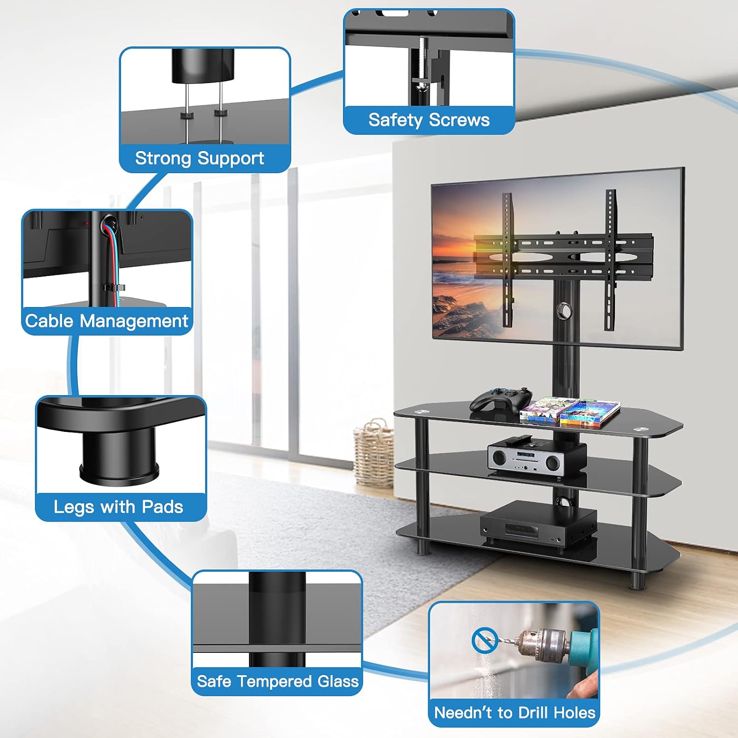 Swivel Floor TV Stand/Base for 32-65 Inch TVs-Universal Corner TV Floor Stand with Storage Perfect for Media-Height Adjustable Entertainment Stand