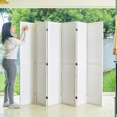 Room Divider Freestanding Folding Pegboard Privacy Screen | 4-Panel Display Stand for Jewelry, Craft Shows, Retail | Natural Wood