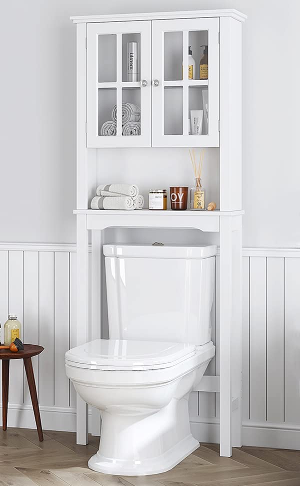 Spirich Home Bathroom Cabinet Over The Toilet, Bathroom Storage Cabinet with Windowpane Glass Doors and Adjustable Shelves