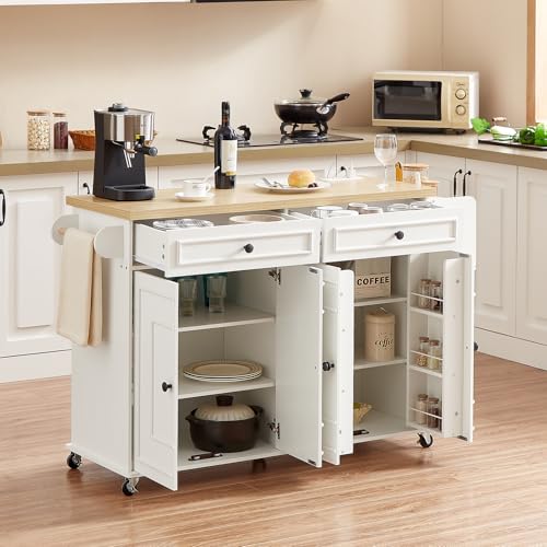 58" Mobile Kitchen Island, Kitchen Island Cart with Power Outlet, Island Table for Kitchen, Home Bar Carts with Storage