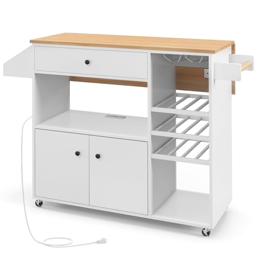 Rolling Kitchen Island with Drop Leaf & Power Outlet, Microwave Cart with Storage Cabinet, Drawer, Wine & Cup Holder, Spice & Towel Rack