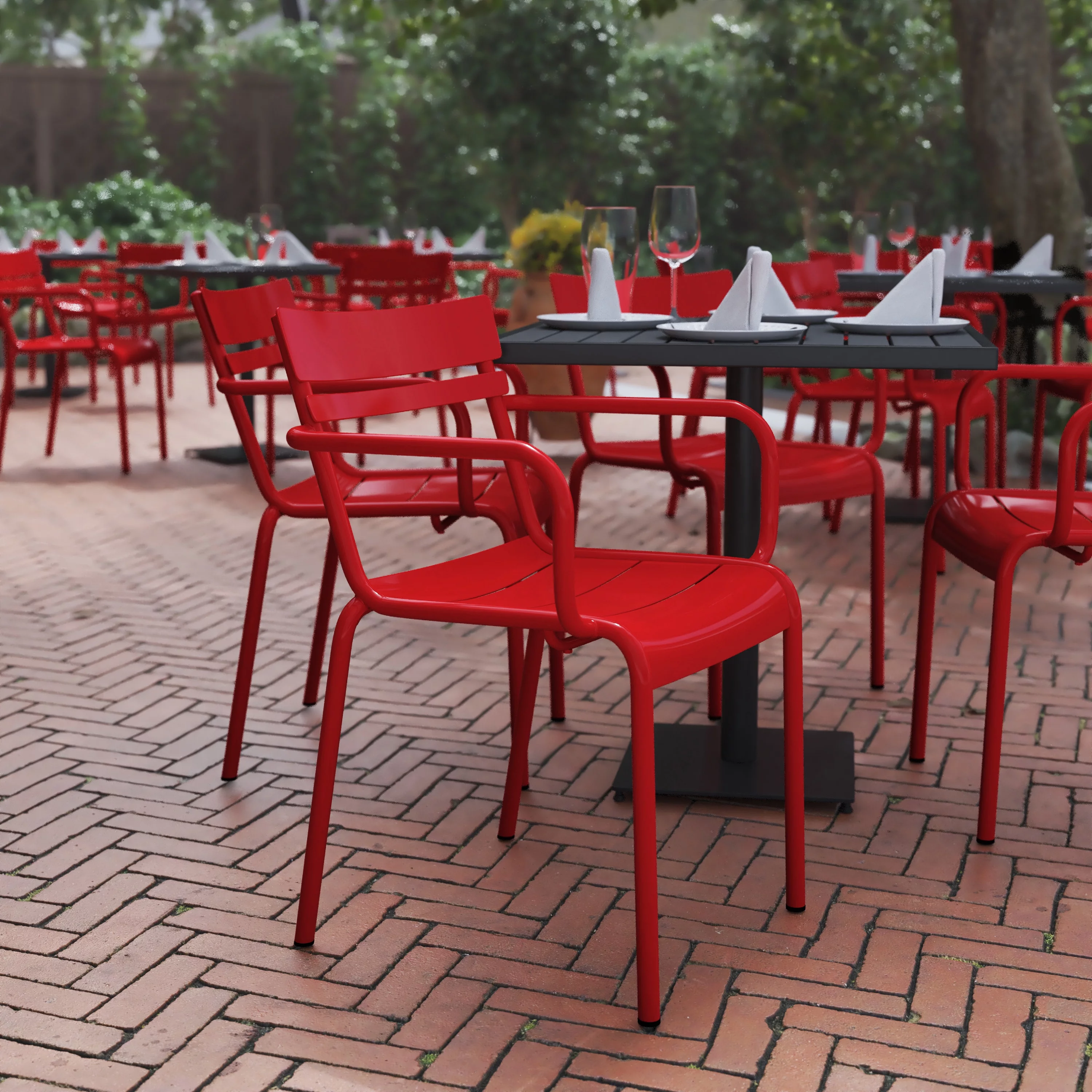 Flash Furniture Nash Commercial Grade Red Steel Indoor-Outdoor Stackable Chair with 2 Slats and Arms
