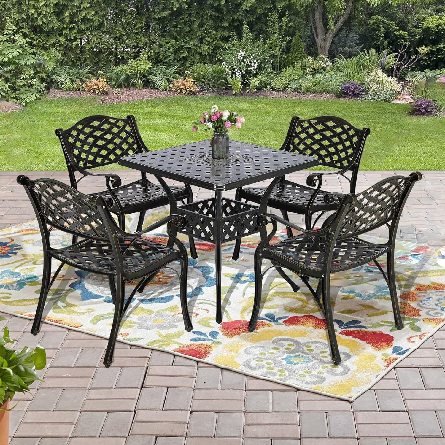 SOCIALCOMFY 5-Piece Outdoor Patio Dining Set, All-Weather Cast Aluminum Furniture Conversation Set