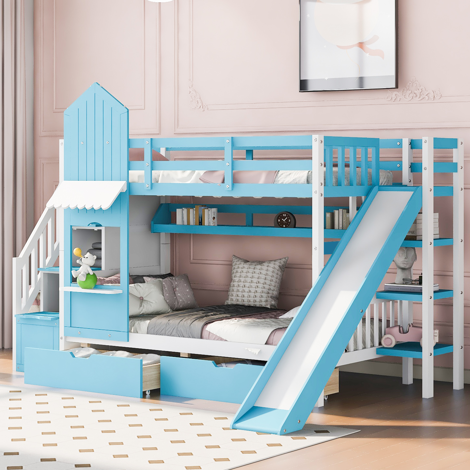 Blue Castle-Themed Twin Bunk Bed with Slide, 2 Drawers & 3 Shelves for Kids' Room