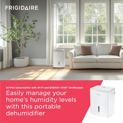 Frigidaire 50-Pint Portable Dehumidifier with Wi-Fi and Energy Star Certification for Medium/Large Rooms & Basements, Custom Humidity Control