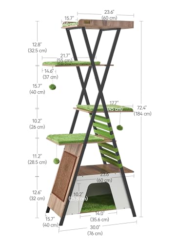 FourFurPets 72.4" Modern Cat Tower for Indoor Cats - Multi-Level Condo With Caves, Tall Tree With Scratching Board, Wooden Tower With Large Perch
