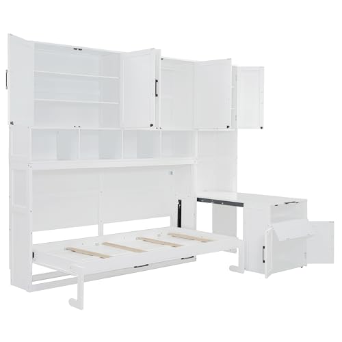 Harper & Bright Designs Twin Size Murphy Bed, Wooden Twin Wall Bed Frame with Closet, Drawers & Desk, White