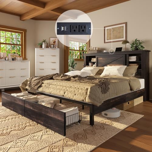 AMERLIFE 47.2" H King Bed Frame with Hidden Space Bookcase Headboard and Charging Station, Beds with 2 Storage Drawers and Wood Slats