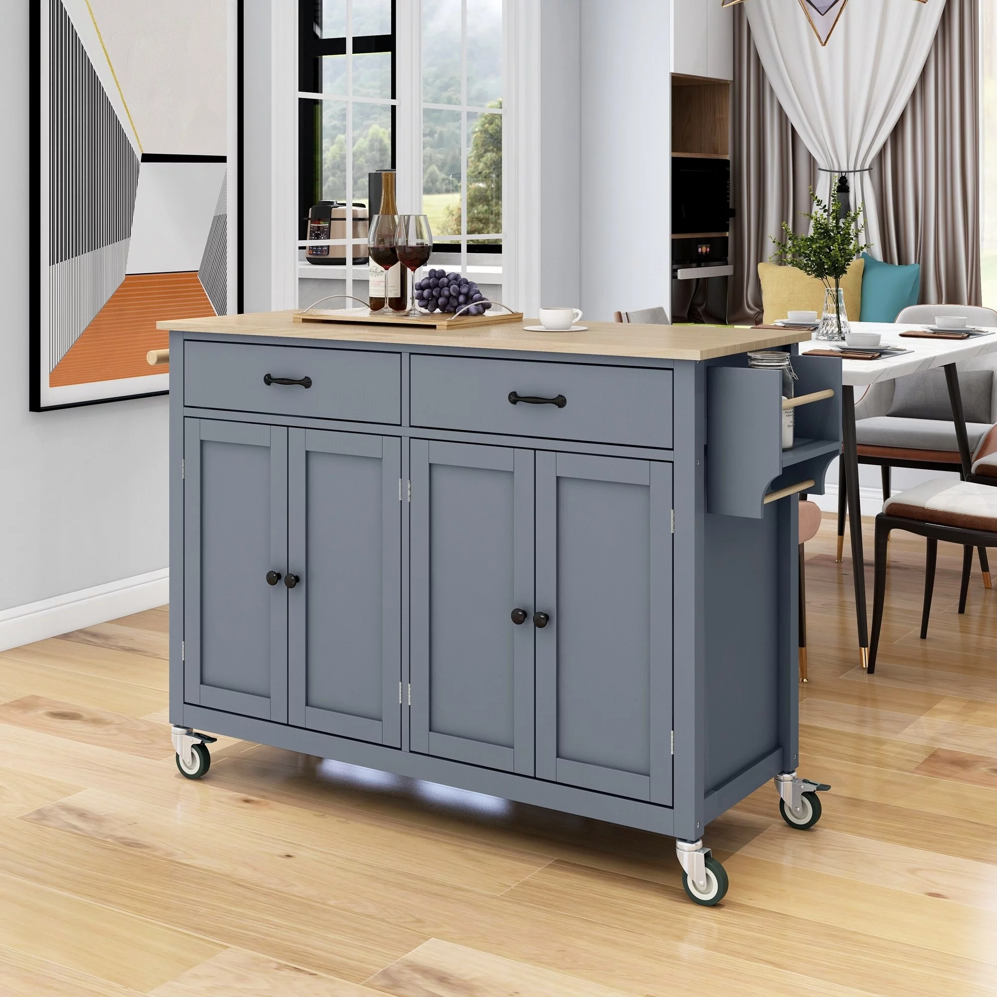 Lordear Kitchen Island Cart Cabinet with Solid Wood Top and Locking Wheels, Spice Rack and Towel Rack Grey - Radiant Selections