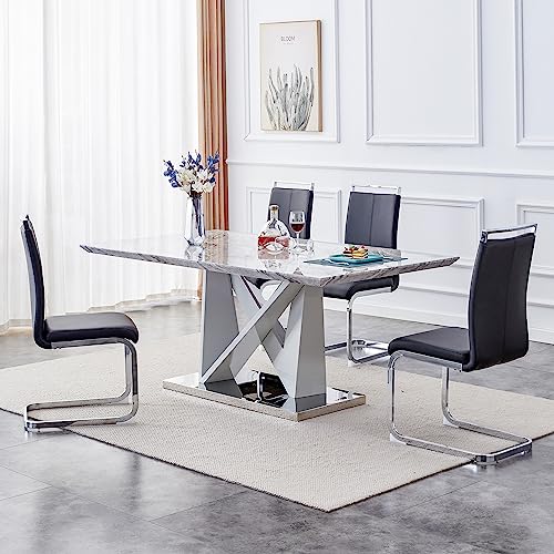 Pvillez 63" Marble Dining Table Set for 6, Modern Dining Room Kitchen Table with 1.57" Faux Marble Top & 6 PU Leather Upholstered Dining Chairs