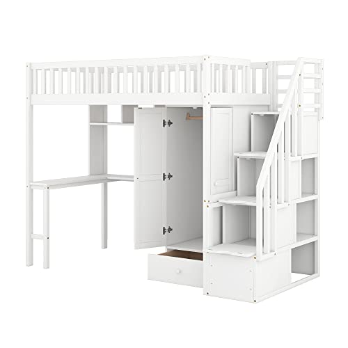 Twin Loft Bed with Staircase, Desk and Wardrobe, Wood Loft Bed with Storage Shelves and Safety Guardrail