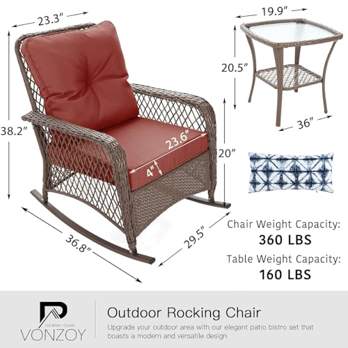 Patio Furniture Set 3 Pieces, Wicker Rocking Bistro Set with Thick Cushions, Outdoor Rocker Chairs and Coffee Table for Porch