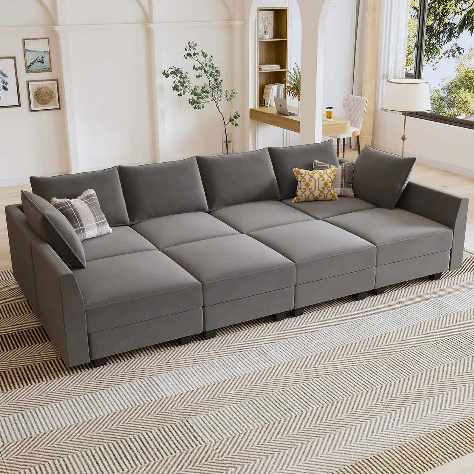 HONBAY Modern Convertible Sleeper Sofa Couch with Storage, Pearl Grey