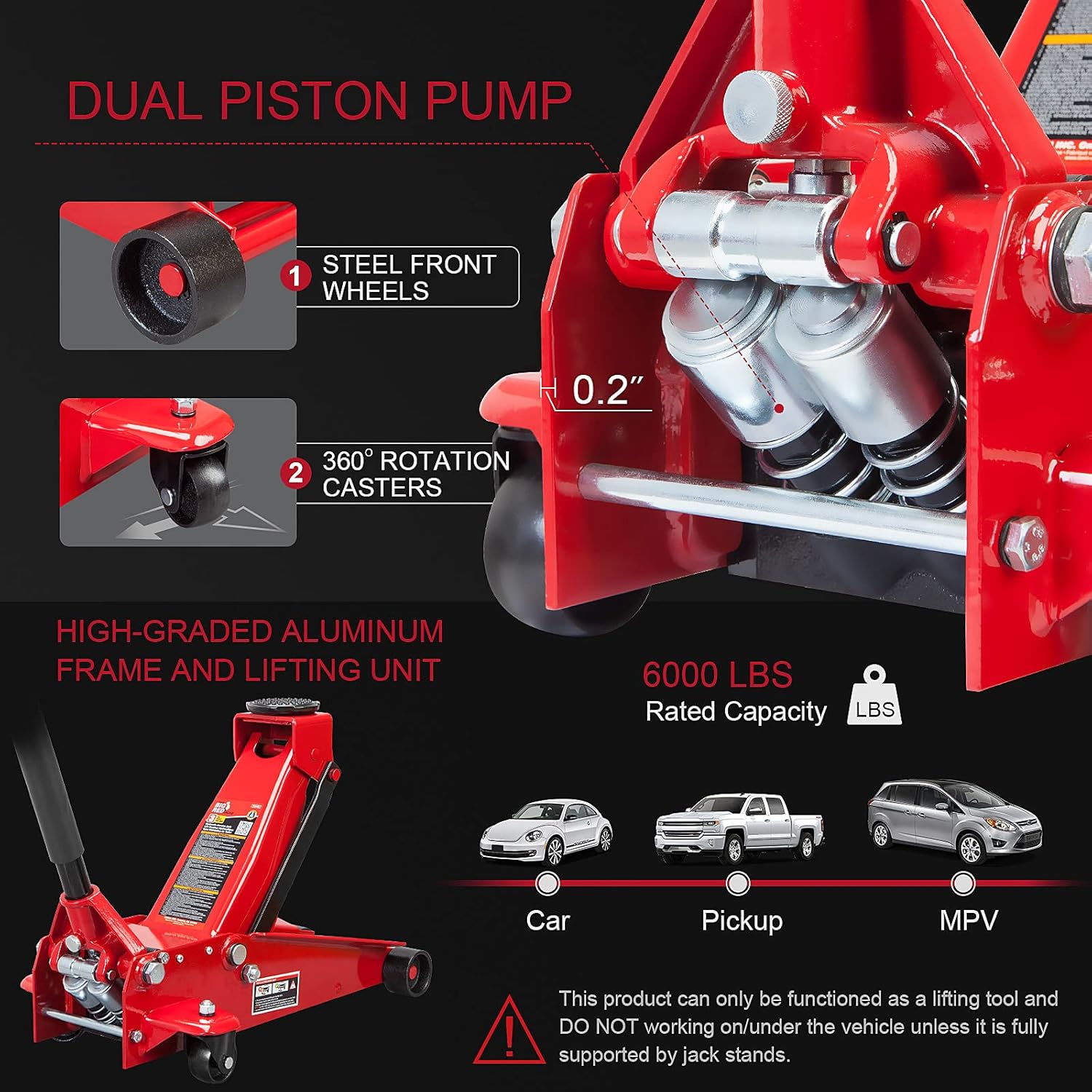 BIG RED ATZ830023R Torin Hydraulic Heavy Duty Steel Service/Floor Jack with Dual Piston Quick Lift Pump, 3 Ton (6,000 lb) Capacity, Red