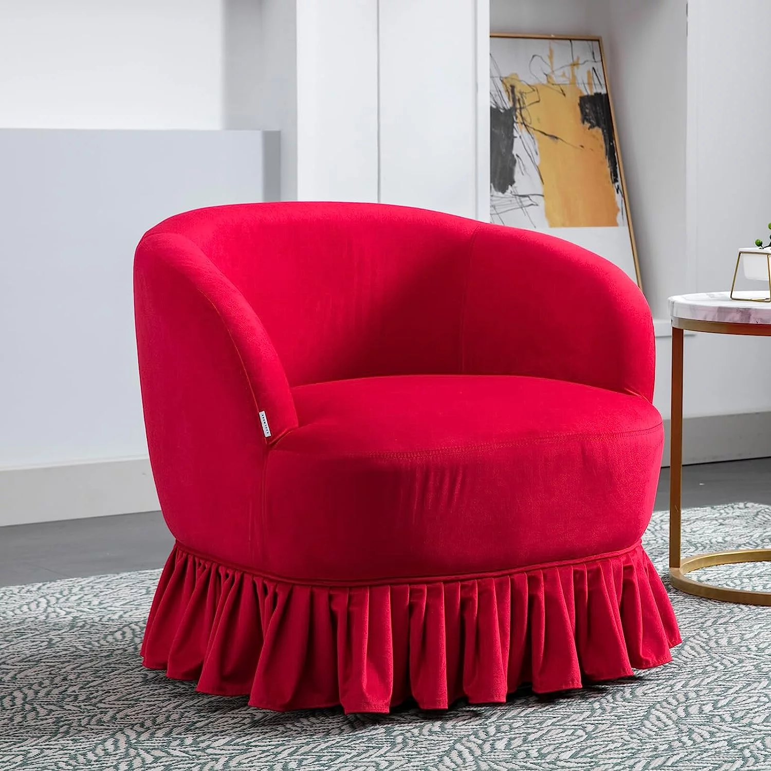 Tabaray Swivel Barrel Chair with Pleated Skirt, 360 Degree Swivel Barrel Club Chair, Comfy Velvet Round Sofa Chair for Living Room