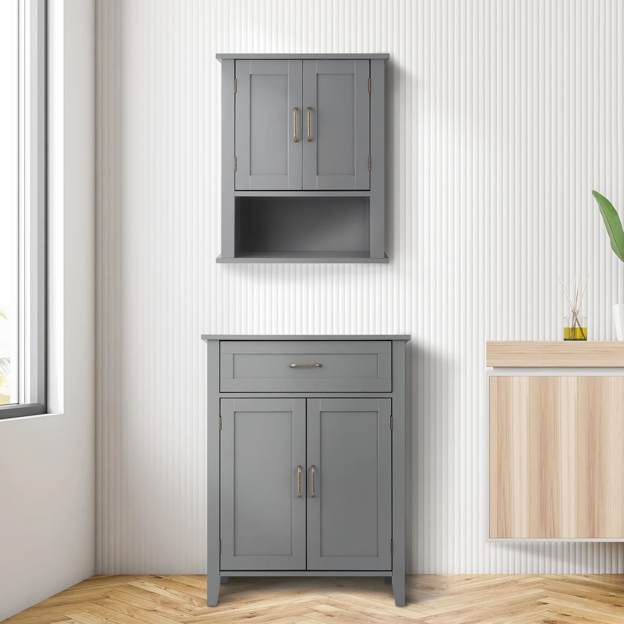 Teamson Home Mercer Mid Century Modern Wooden Floor Storage Cabinet, Gray