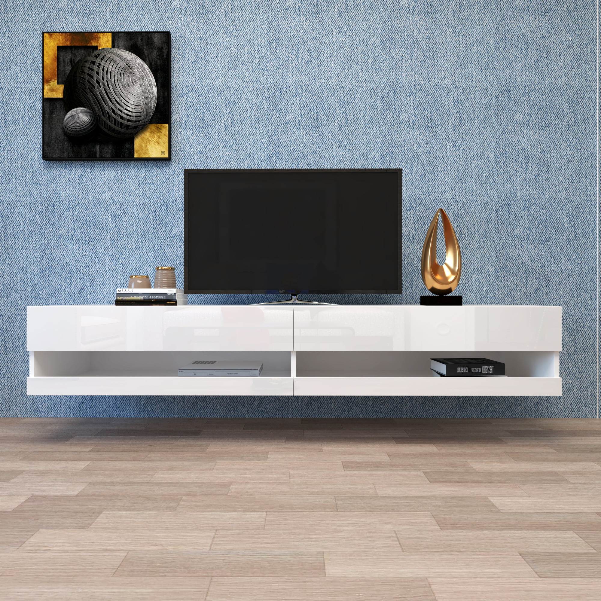 180 Wall Mounted Floating 80" TV Stand with 20 Color LEDs White Entertainment Center TV Console Storage Cabinets for Living Room Bedroom