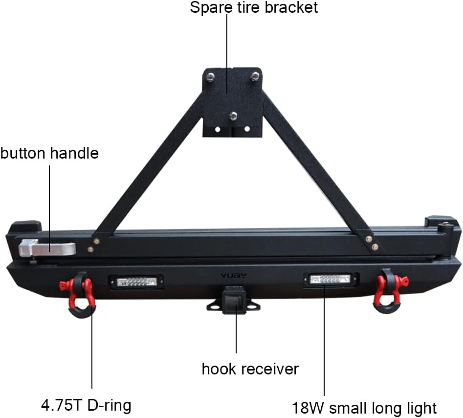 Vijay Rear Bumper With LED Lights and Tire Carrier Compatible with 1984-2001 Cherokee XJ