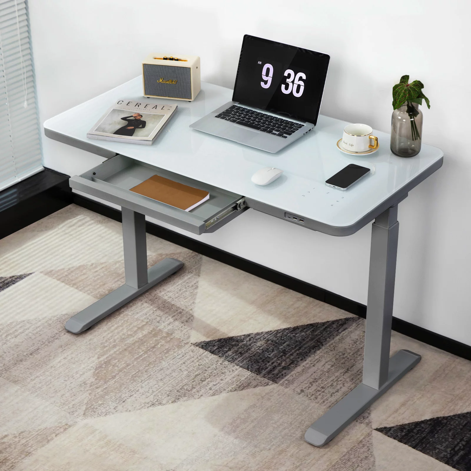 ADOFFUR 45" x 23" Dual Motor Height Adjustable Desk with Drawer,Tempered Glass Top,Wireless Charging and 3 USB Ports for Home Office - Gray