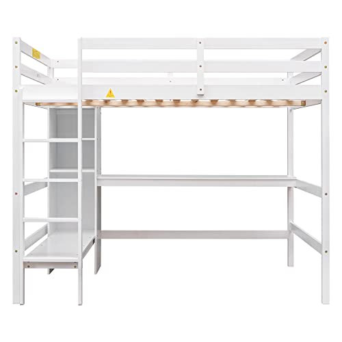 Full Size Loft Bed with Wardrobe and Desk,Wooden Loftbed with Storage Drawers, Shelves,Cabinet for Bedroom,White