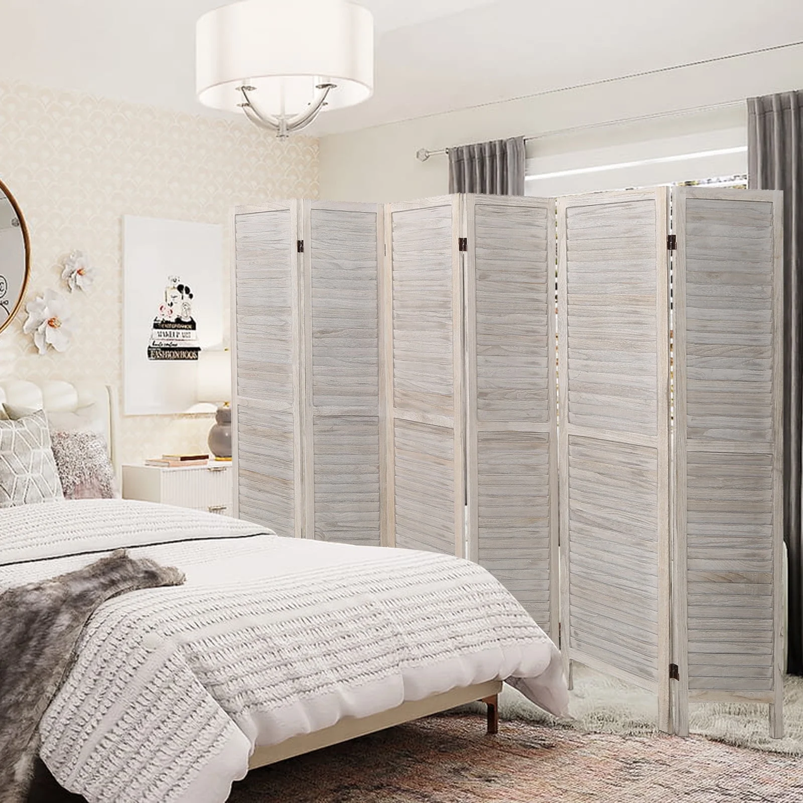 Fionafurn 6 Panel Louver-Design Wood Room Divider Folding Screen 5.6 Ft Tall (white)