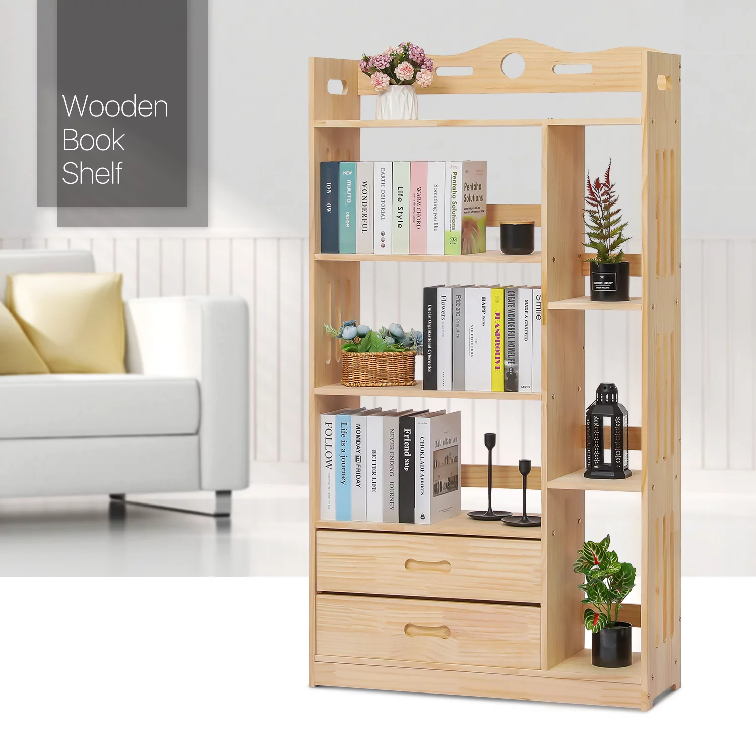 MoNiBloom Wood 5 Tiers 2 Drawers Bookcase, Display Storage Bookshelf, Natural, for Living Room