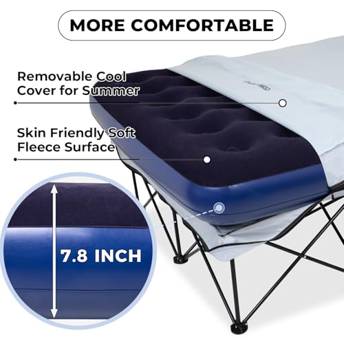 FUNDANGO Queen Camping Cot, 2 Person Folding Airbed Mattress, Double Camp Bed with 2 Cup Holders, Removeable Cover for Adults Outdoor Travel