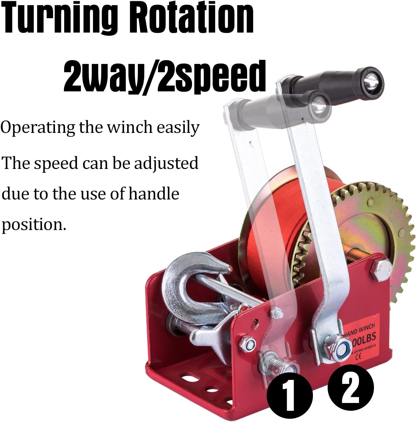 Hand Winch Heavy Duty 3500lbs with Nylon Strap and Ratchet Handle Hook 2 Gear Manual Crank Towing Winch for ATV Boat Trailer Truck Auto (2500 Red)