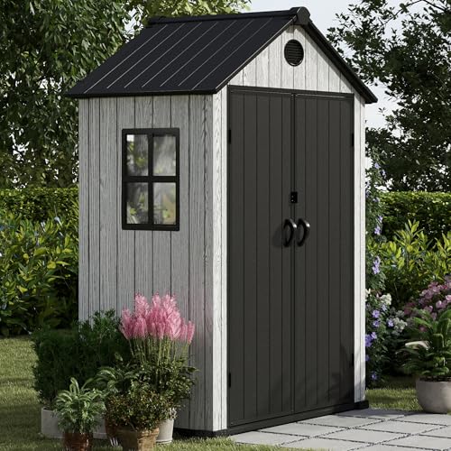 4.4x6 FT Resin Outdoor Storage Shed, 230 Cuft Garden Tool Sheds & Outdoor Storage Plastic Shed with Floor