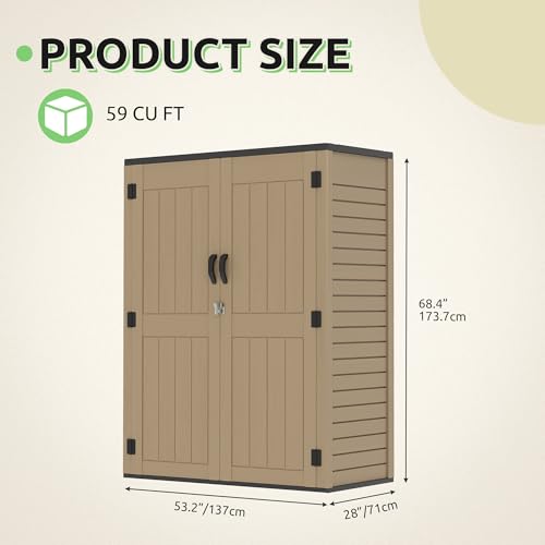 GOOBED Vertical Outdoor Storage Shed, 59 Cubic Feet Resin Tall Shed, Lockable Waterproof Tool Organizer for Garden, Garage, Patio, No Shelves (Brown)
