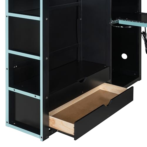 Modern Full Size Gaming Loft Bed with Built-in Desk and Storage Wardrobe, Wood Loft Bed Frame with Light Strip and 2 Drawers