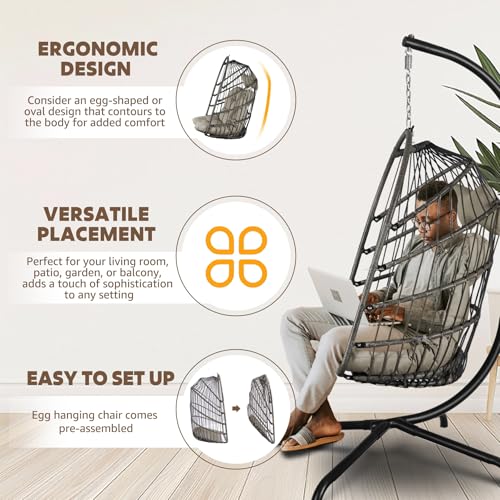 Chihee Egg Chair Foldable Wicker Rattan Hanging Chair Swing Chair Indoor Outdoor Patio Wicker Chair Hammock Chair with Stainless Steel Hanging Kit