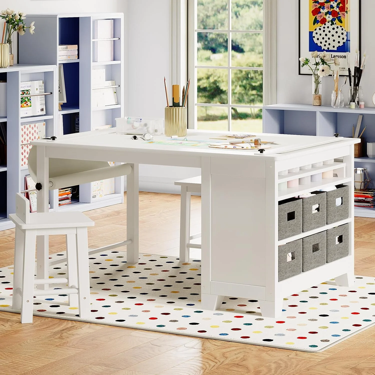 Kids Art Table and Chair Set, Linor Wooden Childern Desk, Kids Craft Table with Two Chairs, Storage Shelves, Canvas Bins, Paper Roll