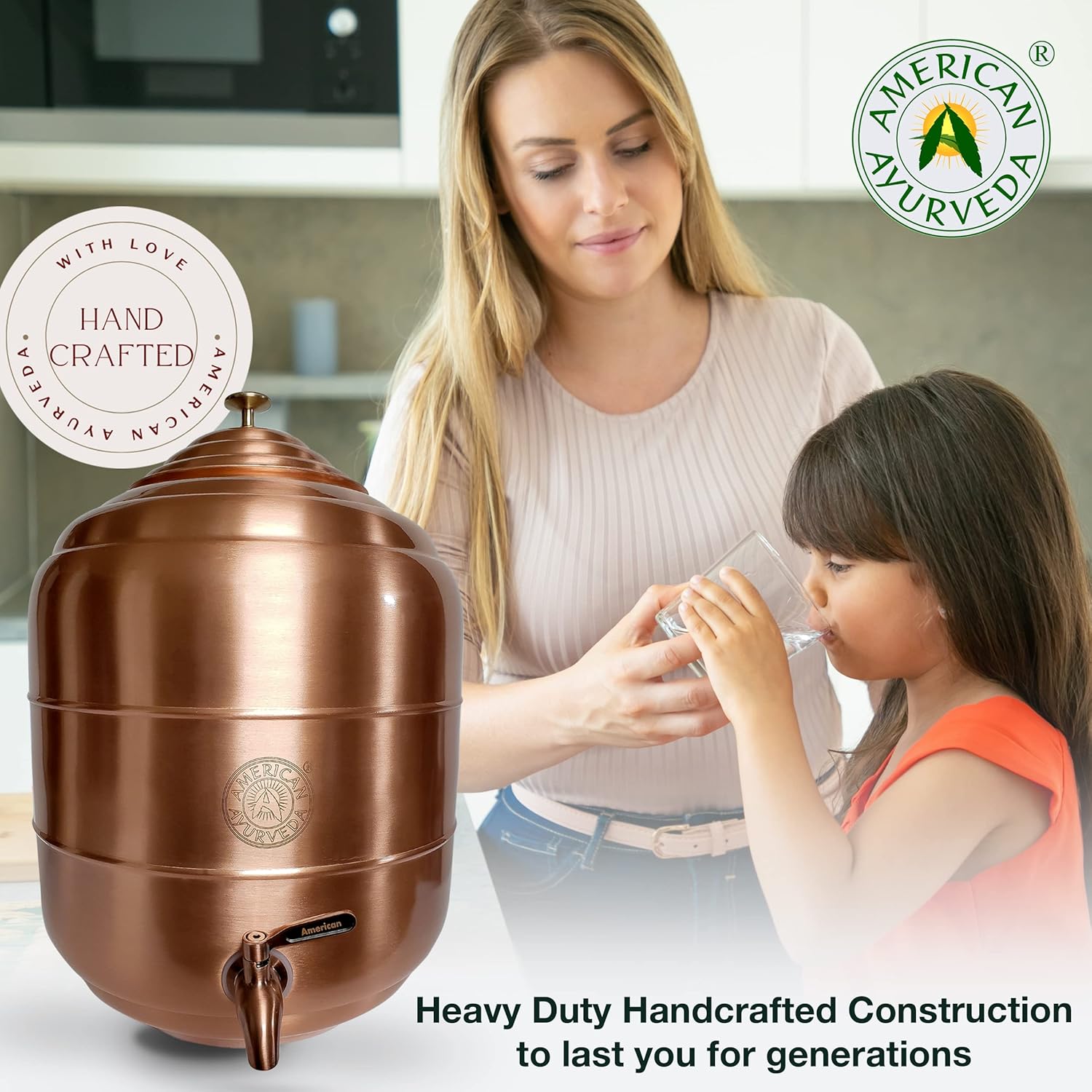 American Ayurveda Countertop 100% Pure Copper 5 Gallon Dispenser Storage Tank Pot With Stainless Steel Faucet and Lid Kitchen Home Health Yoga