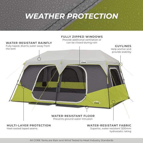 CORE Instant Cabin Tents | 6 Person / 9 Person / 10 Person / 12 Person Family Cabin Multi Room Pop Up Tents Car Camping | Included Storage Pockets