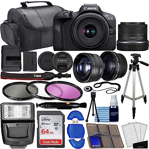 Canon EOS R100 Mirrorless Camera w/RF-S 18-45mm f/4.5-6.3 STM Lens + Wide Angle & Telephoto Lenses + 64GB Memory + 3pc Filter Kit + Case + Flash +