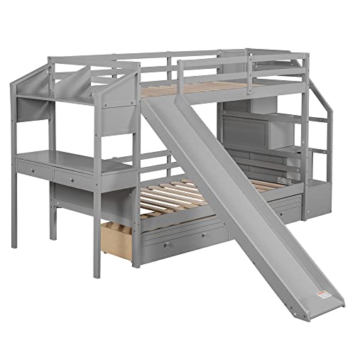 Full-Over-Full Castle Style Bunk Bed with 2 Drawers and 3 Shelves, Wood Bunk Bed Frame with Slide and Storage Staircase for Kids Teens Boys Girls